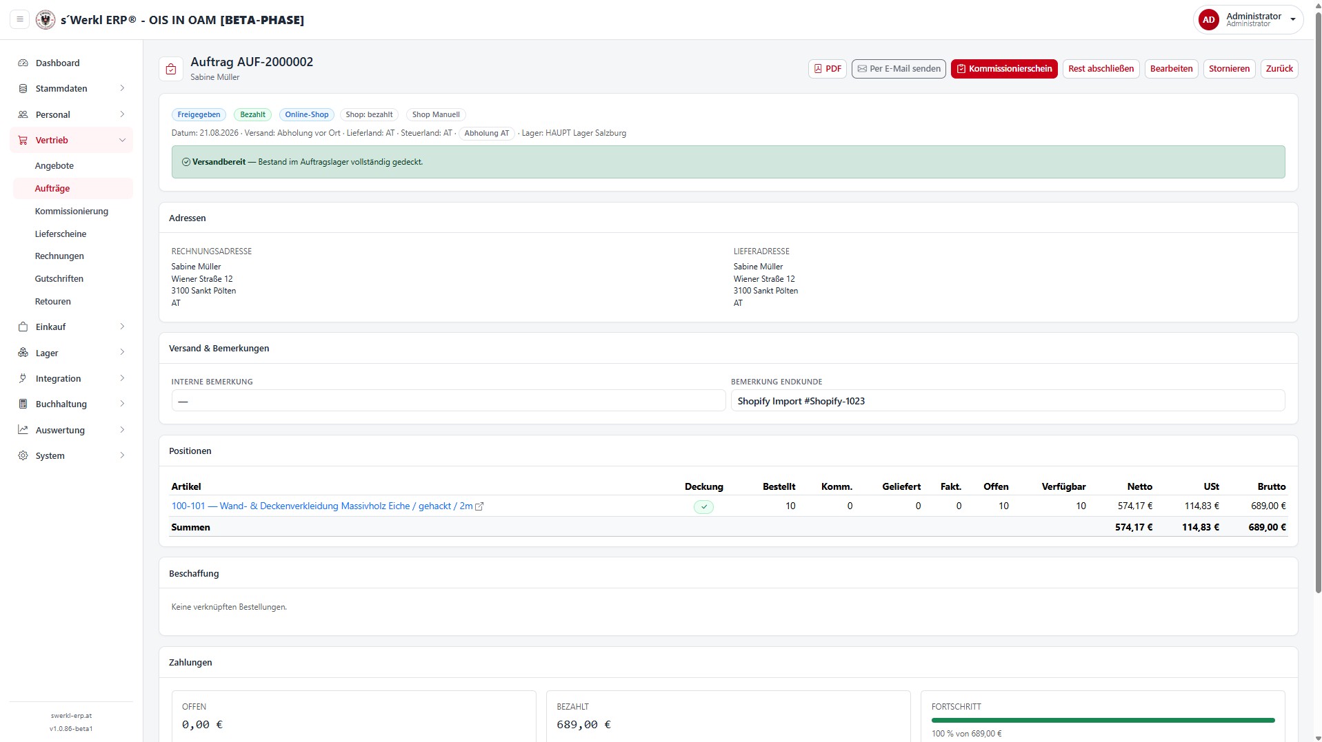Auftragsdetail — s'Werkl ERP Ois in Oam