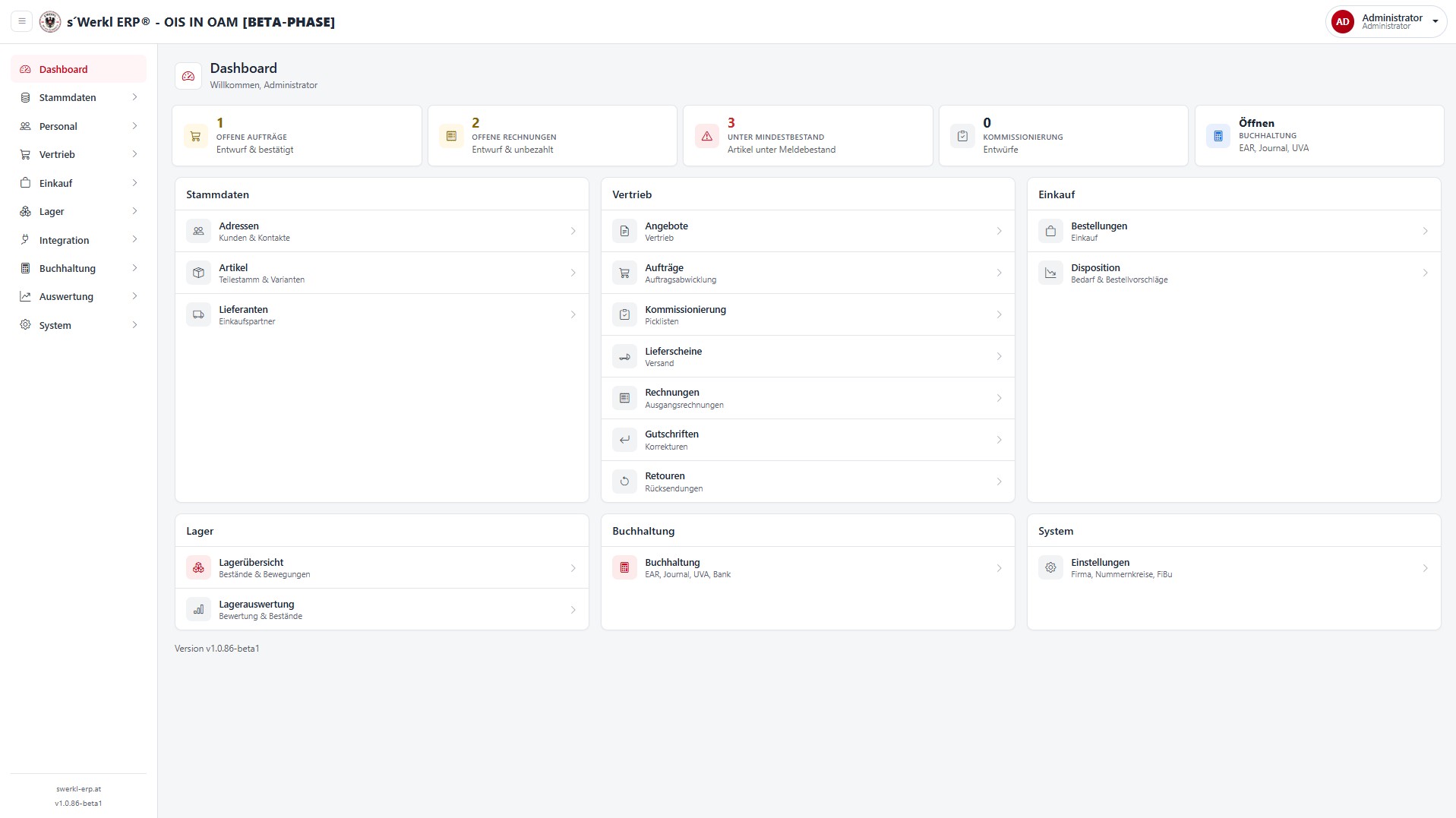 s'Werkl ERP Ois in Oam Dashboard — KPIs und Modulübersicht
