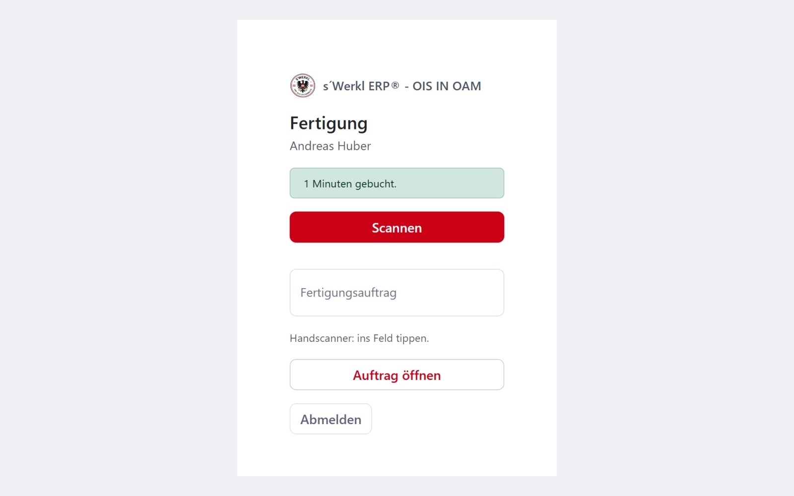 Terminal: Minuten am Auftrag — s'Werkl ERP Ois in Oam