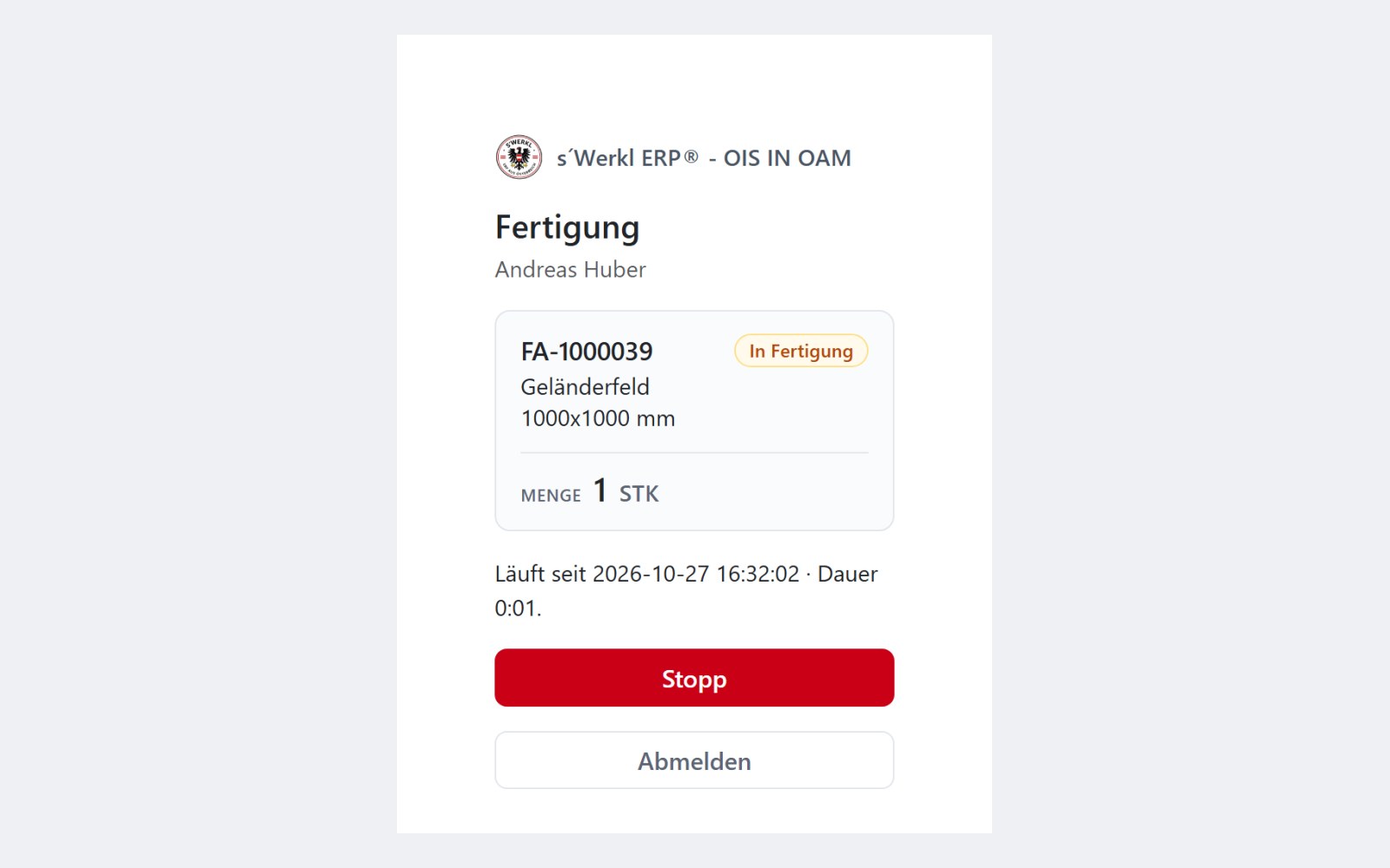 Terminal: Stempelung — s'Werkl ERP Ois in Oam